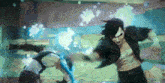 a man and a woman are fighting each other in a video game in a painting .