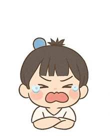 a cartoon boy is crying with his arms crossed and his eyes closed .
