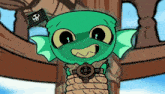 a green cartoon character is holding a watch and wearing a pirate flag .