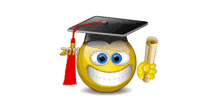 a smiley face wearing a graduation cap and tassel holds a diploma