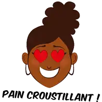 a cartoon of a woman with hearts in her eyes and the words pain croustillant below her