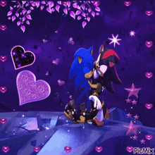 shadow the hedgehog and sonic the hedgehog are kissing on a purple background with hearts and stars