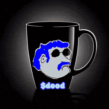 a black coffee mug with a drawing of a man with a mustache and sunglasses and the word $ dood on it