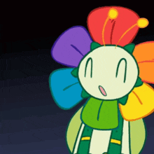 a cartoon drawing of a colorful flower with a face