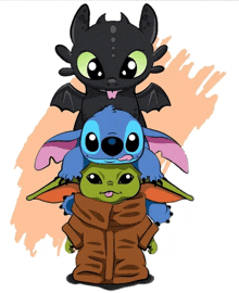 a drawing of toothless stitch and baby yoda