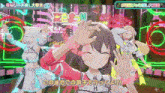 a group of anime girls are dancing in front of a neon sign that says ' ecx ' on it