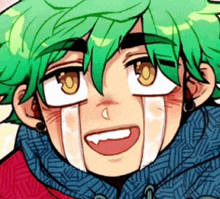 a cartoon character with green hair is smiling with tears running down his face