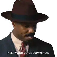 a man in a suit and hat has the words keep your voice down now below him