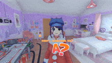 a girl standing in a room with a question mark above her
