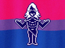 a pixel art of a person standing in front of a pink , blue and purple flag .