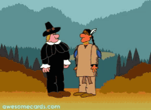 a cartoon of a pilgrim and a native american standing next to each other with awesomecards.com at the bottom