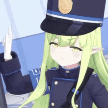 a girl with long green hair is wearing a police uniform and hat