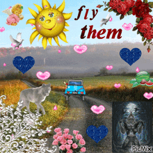 a blue car is driving down a road with the words fly them