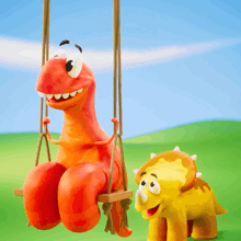 a cartoon drawing of a dinosaur sitting on a swing next to another dinosaur