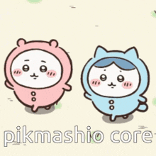 two cartoon characters are standing next to each other with the words pikmashio core written below them