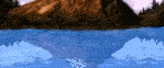 a pixel art painting of a mountain reflected in a lake .