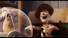 woody from toy story is laughing while talking to buzz lightyear in a room .