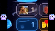 a video game screen with a purple smiley face and a number 1