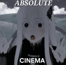 a picture of a girl with a butterfly on her hair and the words absolute cinema