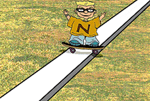 a boy wearing a yellow shirt with the letter n on it is riding a skateboard down a ramp