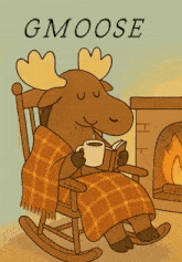 a moose sitting in a rocking chair reading a book and drinking coffee