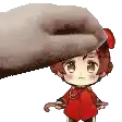 a hand is petting a little girl in a red outfit .