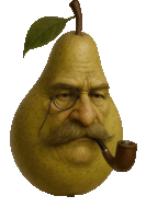 a pear with a mustache and glasses has a pipe in it