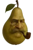 a pear with a mustache and glasses has a pipe in it