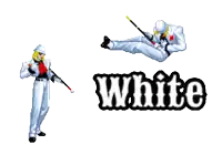 a pixel art of a man holding a gun and the word white