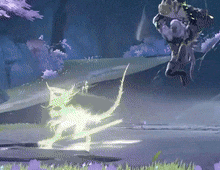 a cartoon character is flying through the air in a video game while another character is standing in the background .