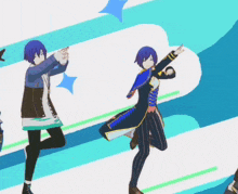 a group of anime characters are dancing in a blue and white background