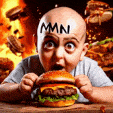 a bald child with the word mmn painted on his forehead eating a hamburger