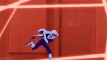 a superhero is flying through the air in front of a red wall while being attacked by lasers .