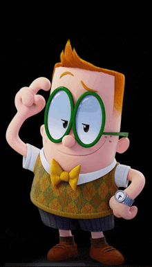 a cartoon character wearing glasses and a bow tie has a watch on his wrist