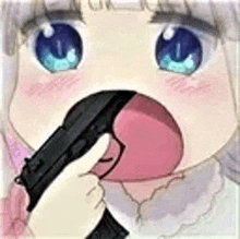 a cartoon girl is holding a gun in her mouth and making a face .