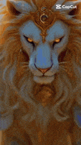 a painting of a lion with a crown on its head standing in the sun .