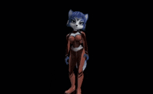 a 3d rendering of a female fox in a red and blue outfit standing in the dark .