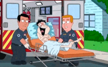 a cartoon of a man laying in an ambulance