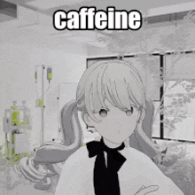 a girl with a bow tie is standing in a room with the words caffeine above her