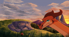 a drawing of a dragon looking at a snail in a field