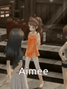 a group of anime girls are standing next to each other in a video game and one of them is named aimee .