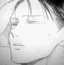 a black and white drawing of a man 's face with a tear running down his cheek