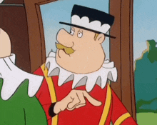 a cartoon character with a hat and mustache is pointing at another character .
