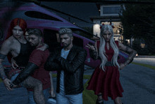 a group of people are standing in front of a pink helicopter with the letters rc on it