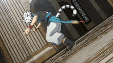 a cartoon character with a cat tail is running in a room