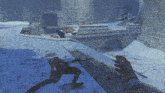a person is holding a bow and arrow in front of a snowy castle