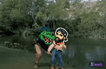 a cartoon of a man being attacked by a crocodile with a 3look logo below it