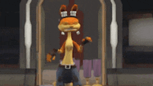 a cartoon character is standing in front of a mirror wearing a goggles .