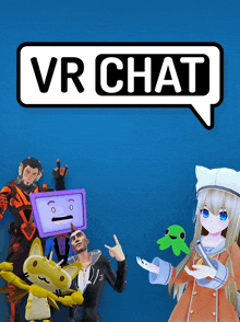 a blue background with a white speech bubble that says " vr chat "