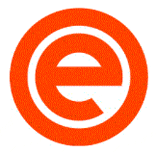 an orange circle with a white letter e inside
